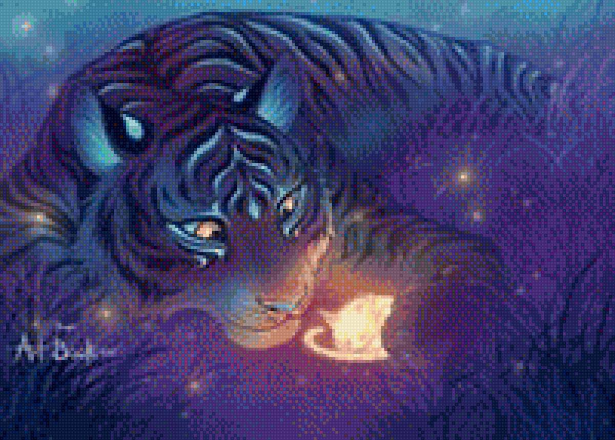 Тигр и мышь - тигр, кошка, дикое животное, мышь, хищник, графика - предпросмотр