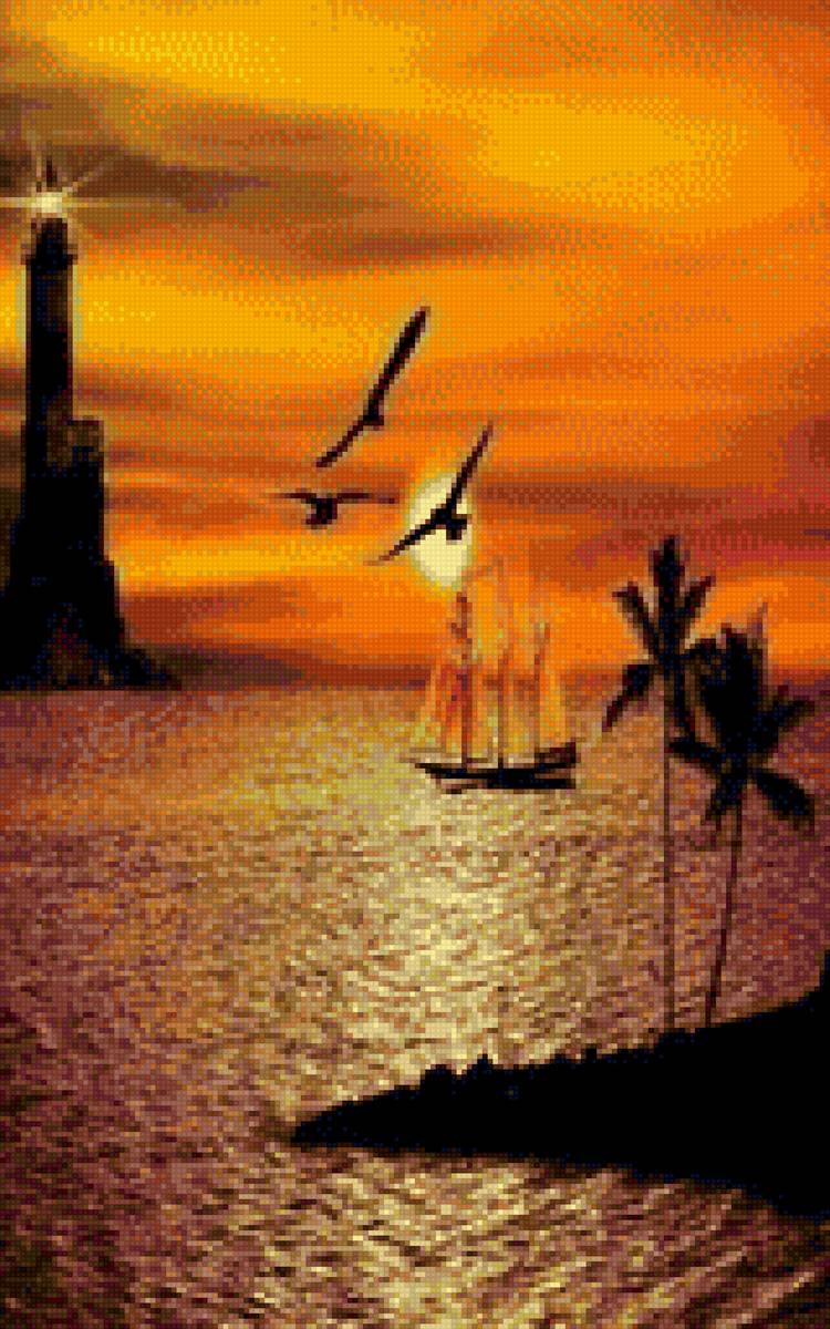 парусник - берег, маяк, вода, море - предпросмотр