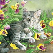 Схема вышивки «котик в цветах»