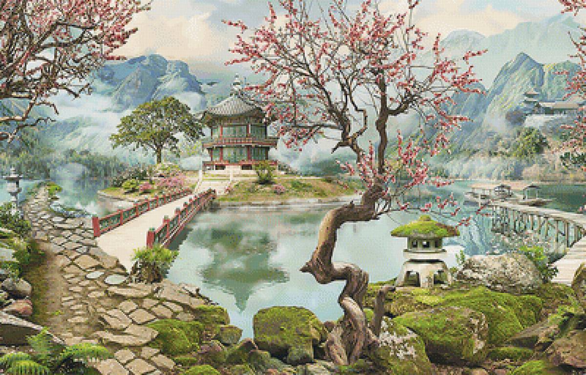 Пейзаж. - река, озеро, пагода, мосты, пейзаж, сакура, горы - предпросмотр