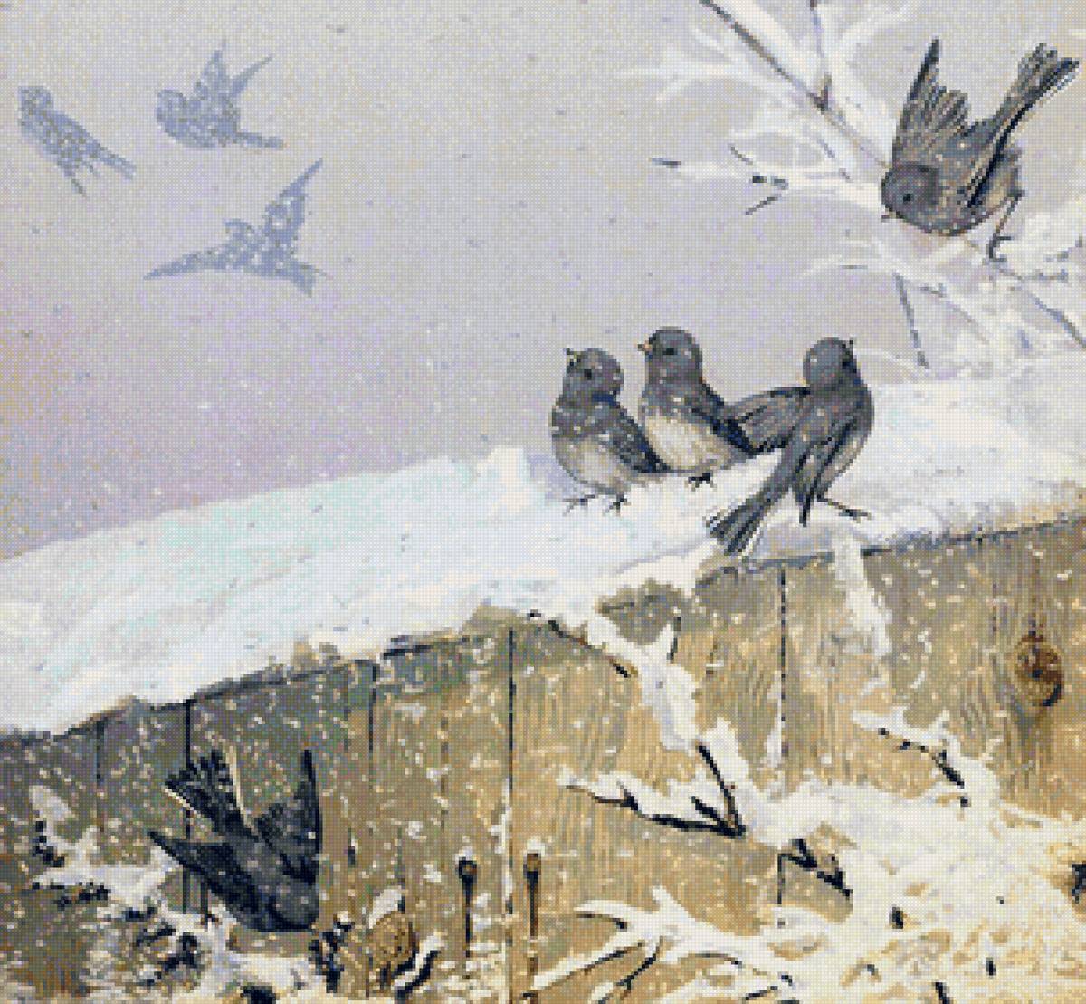 Худ. Фиделия Бриджес - зима, воробьи, птички, снег - предпросмотр