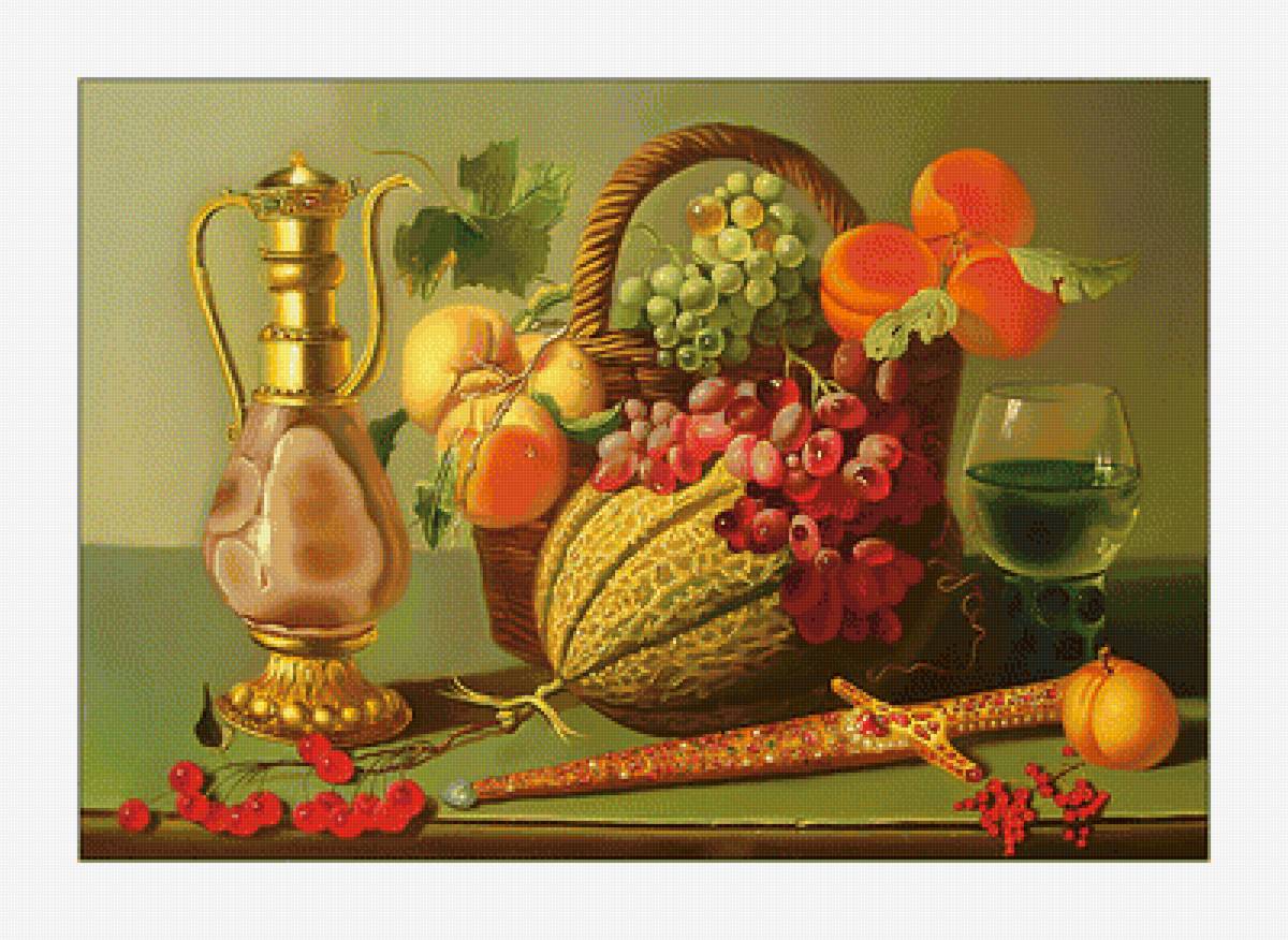 Натюрморт. - кувшин, натюрморт, живопись, ягоды, фрукты, кинжал - предпросмотр