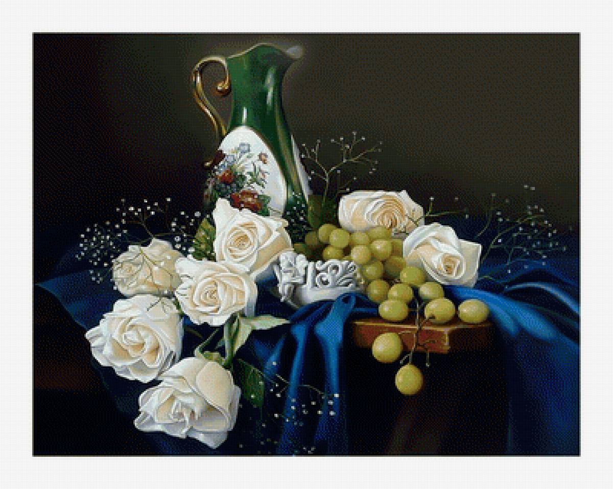 Натюрморт с белыми розами. - розы, виноград, живопись, натюрморт - предпросмотр