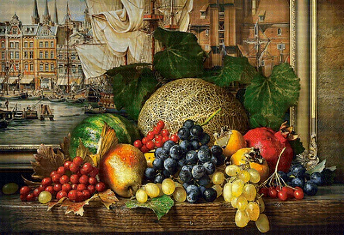 Натюрморт- пейзаж. - живопись, корабль, окно, ягоды, фрукты, натюрморт, река, пейзаж - предпросмотр