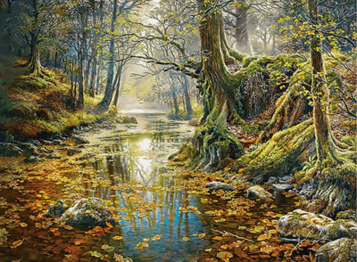 Лесной ручей. - пейзаж, живопись, природа, листопад, ручей, осень, лес - предпросмотр