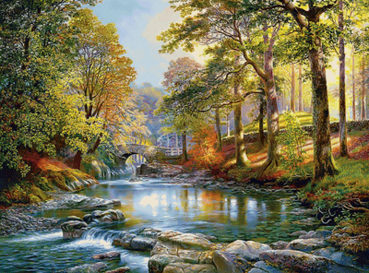 Пейзаж. - живопись, река, природа, пейзаж, мост - предпросмотр