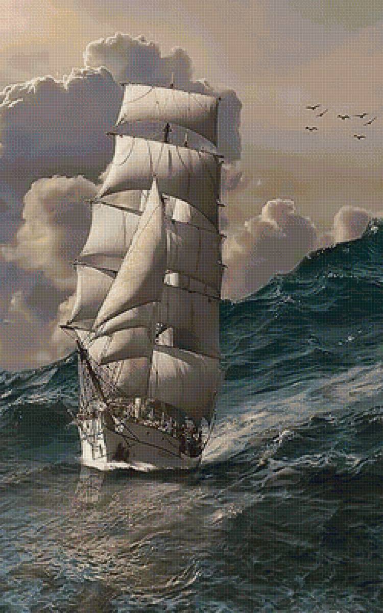 парусник - волна, море, парусник - предпросмотр