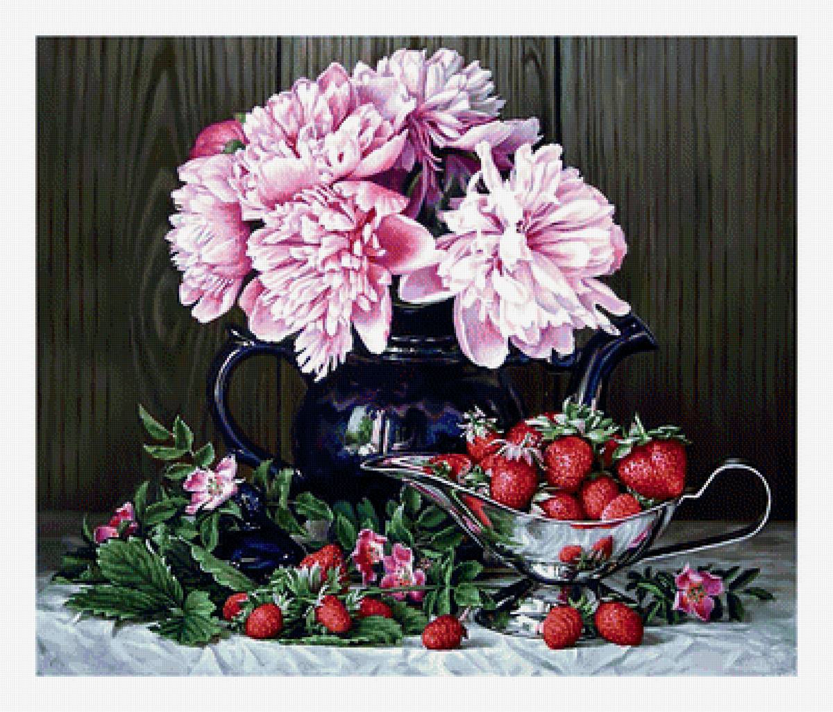 Пионы и клубника. - живопись, цветы, ягоды, натюрморт, букет, пионы - предпросмотр