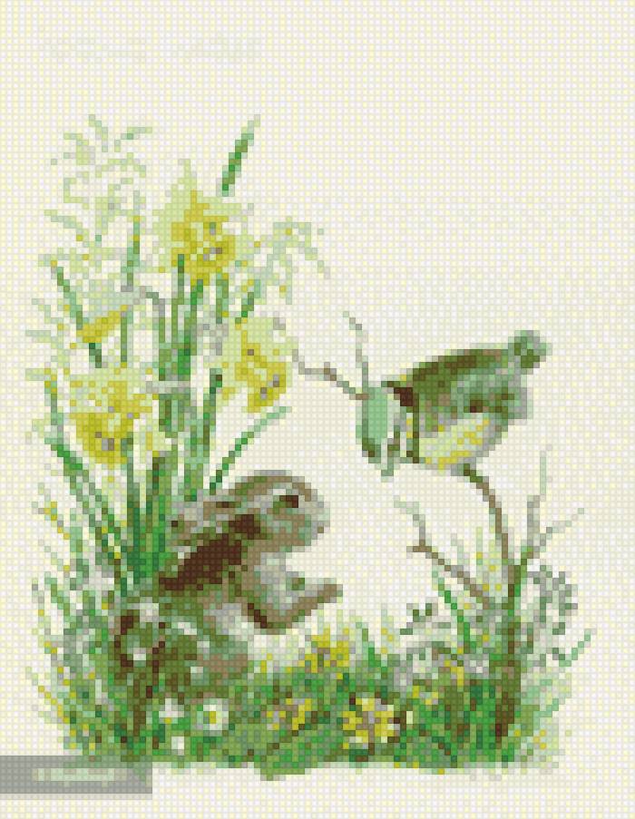 Полянка - птичка, цветы, заяц - предпросмотр