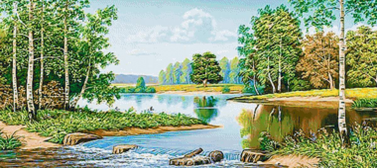 пейзаж - деревья, река, природа, пейзаж, березы - предпросмотр