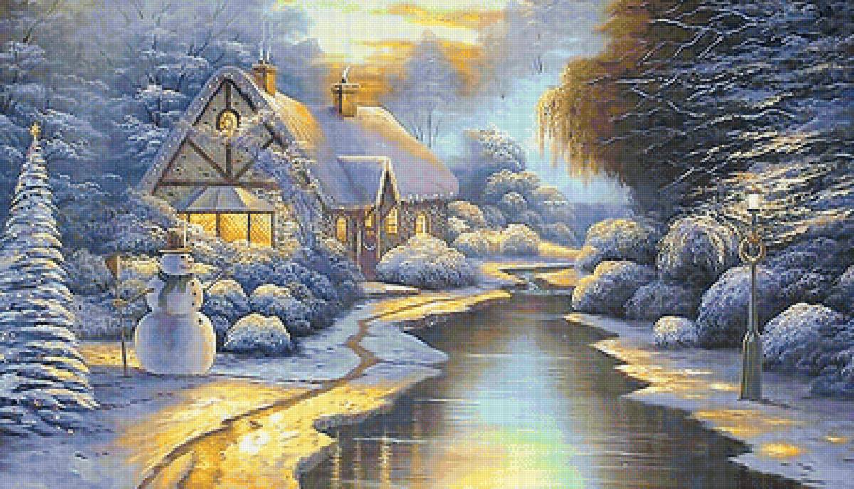 зимний вечер - зима, фонарь, деревья, снеговик, вечер, река, домик - предпросмотр