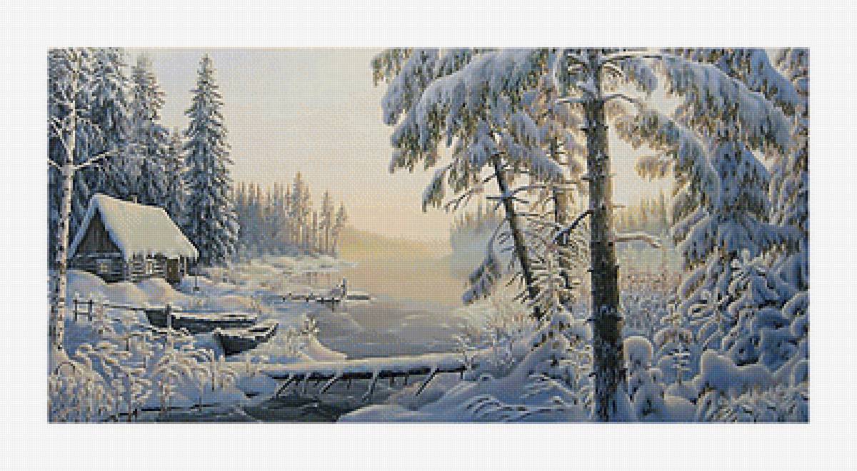 Зимний пейзаж. - природа, домик, живопись, пейзаж, снег, зима - предпросмотр