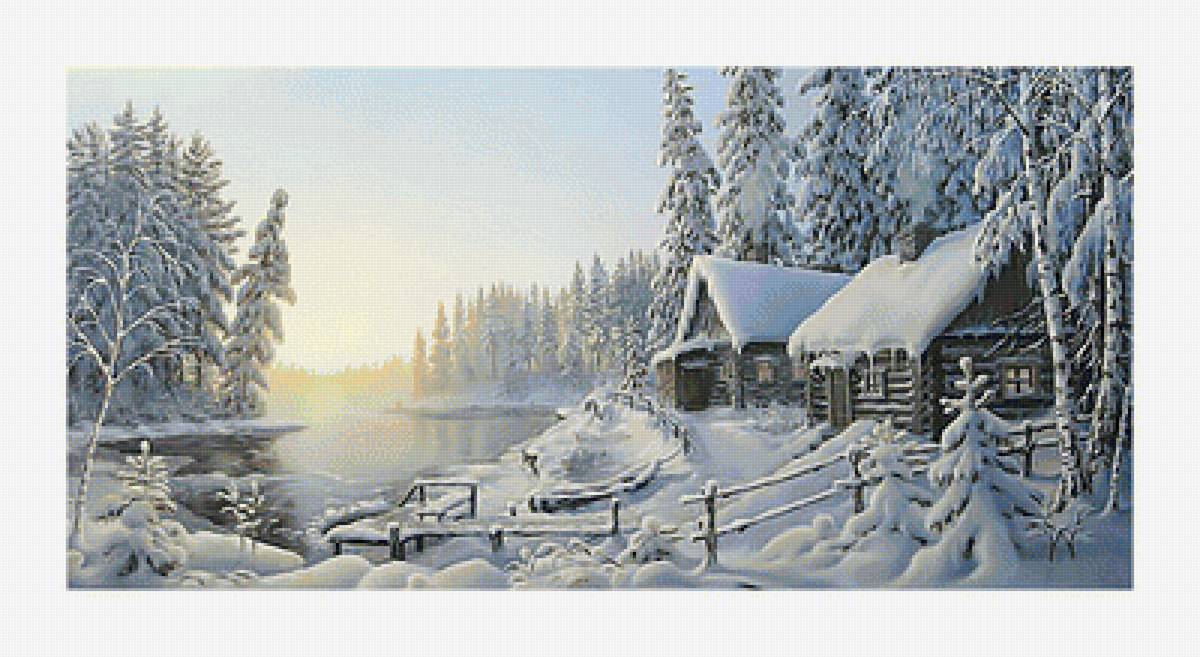 Зимний пейзаж. - снег, зима, домик, природа, живопись, пейзаж - предпросмотр