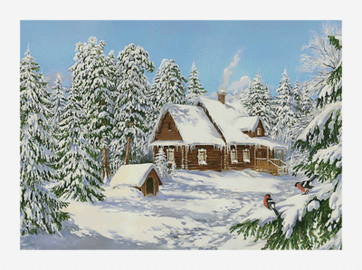 Зимний пейзаж. - живопись, лес, снег, зима, домик, пейзаж - предпросмотр