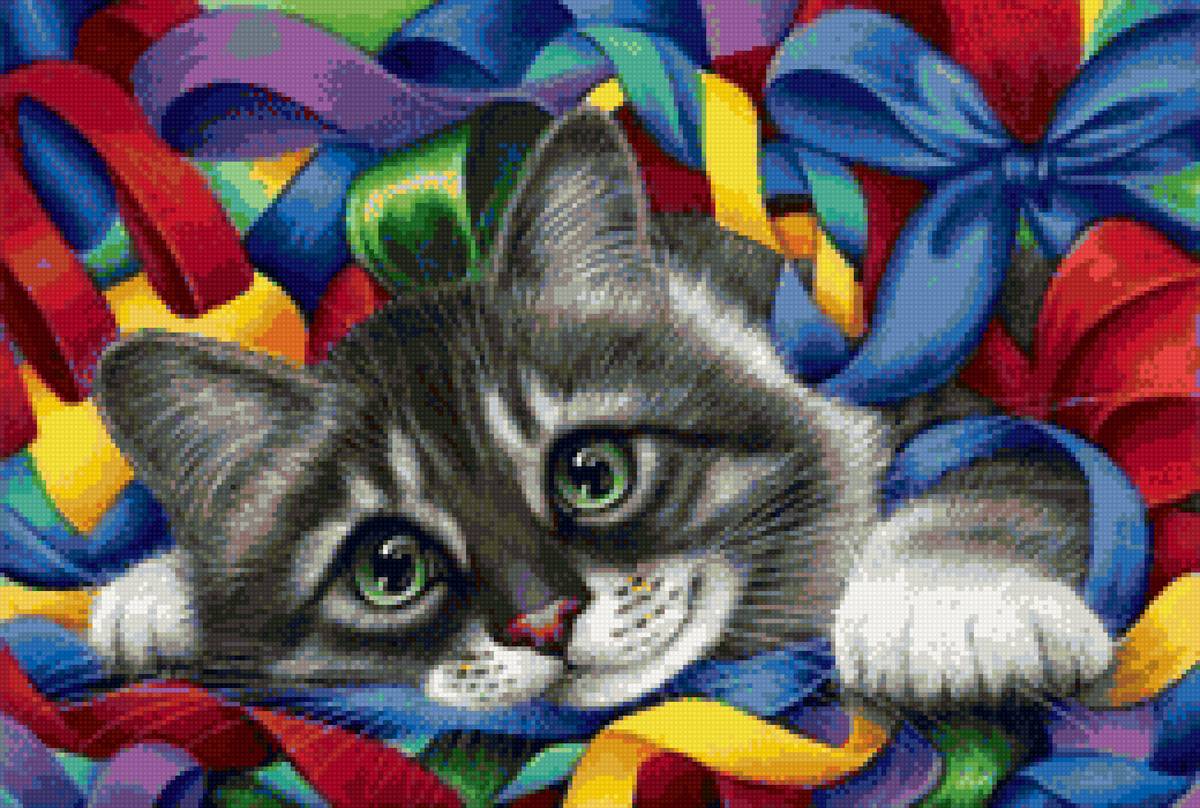 После карнавала - кот, ленты разноцветные, кошка - предпросмотр