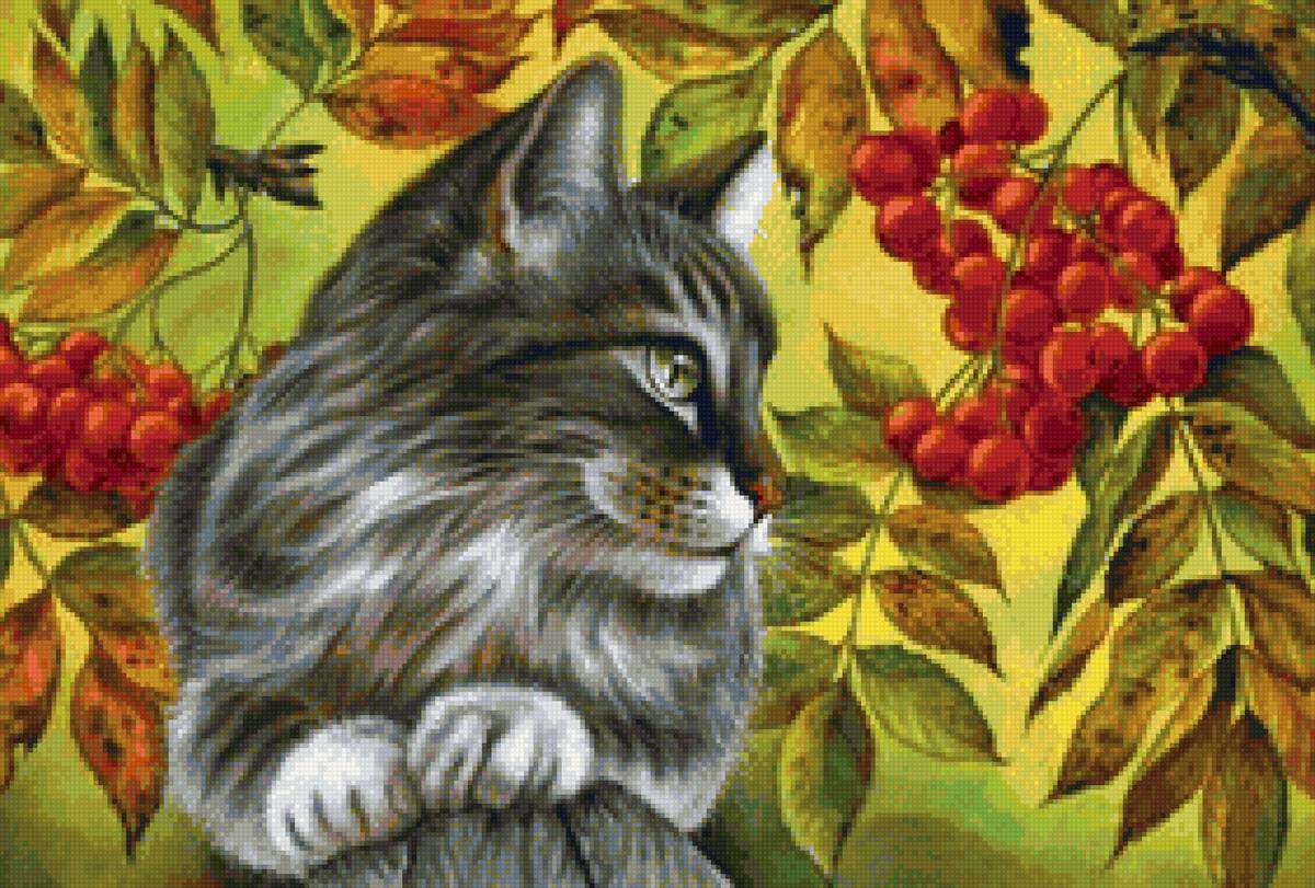 Котик под рябиной - кот, кошка, рябина - предпросмотр