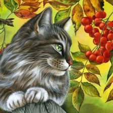 Схема вышивки «Котик под рябиной»