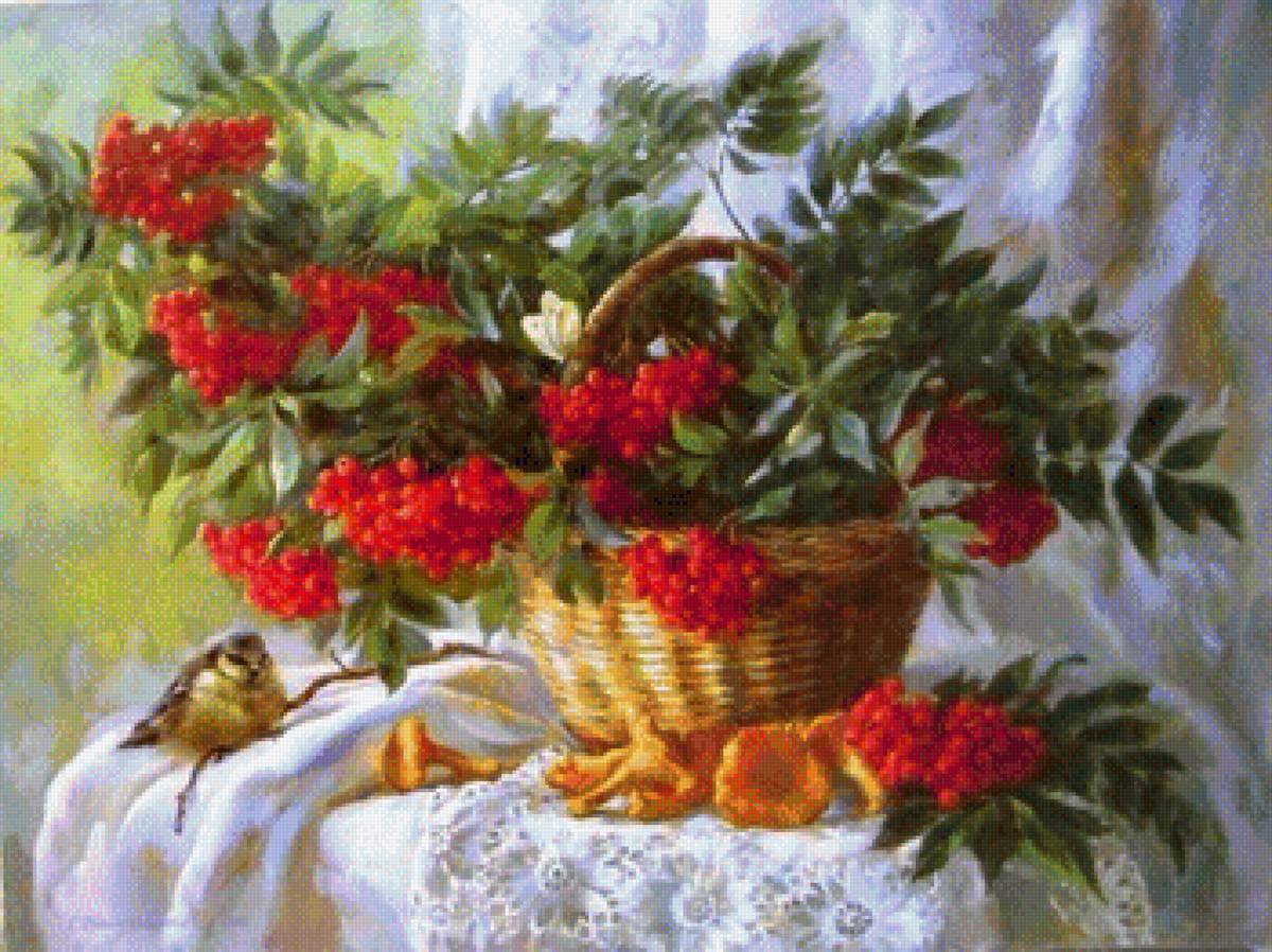 Очарование - птица, лисички, рябина - предпросмотр