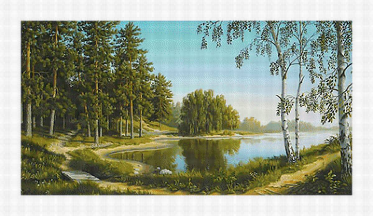 Пейзаж. Лес. - природа, пейзаж, лето, живопись, лес, озеро, березы - предпросмотр