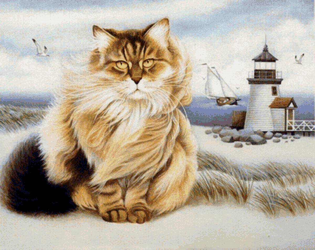 Хранитель маяка - птицы, кот, чайки, маяк, кошка - предпросмотр