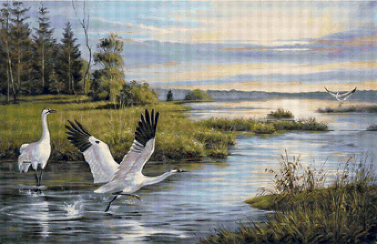 Худ. Григорьева Н. - река, птицы, лес, аисты, лето - предпросмотр