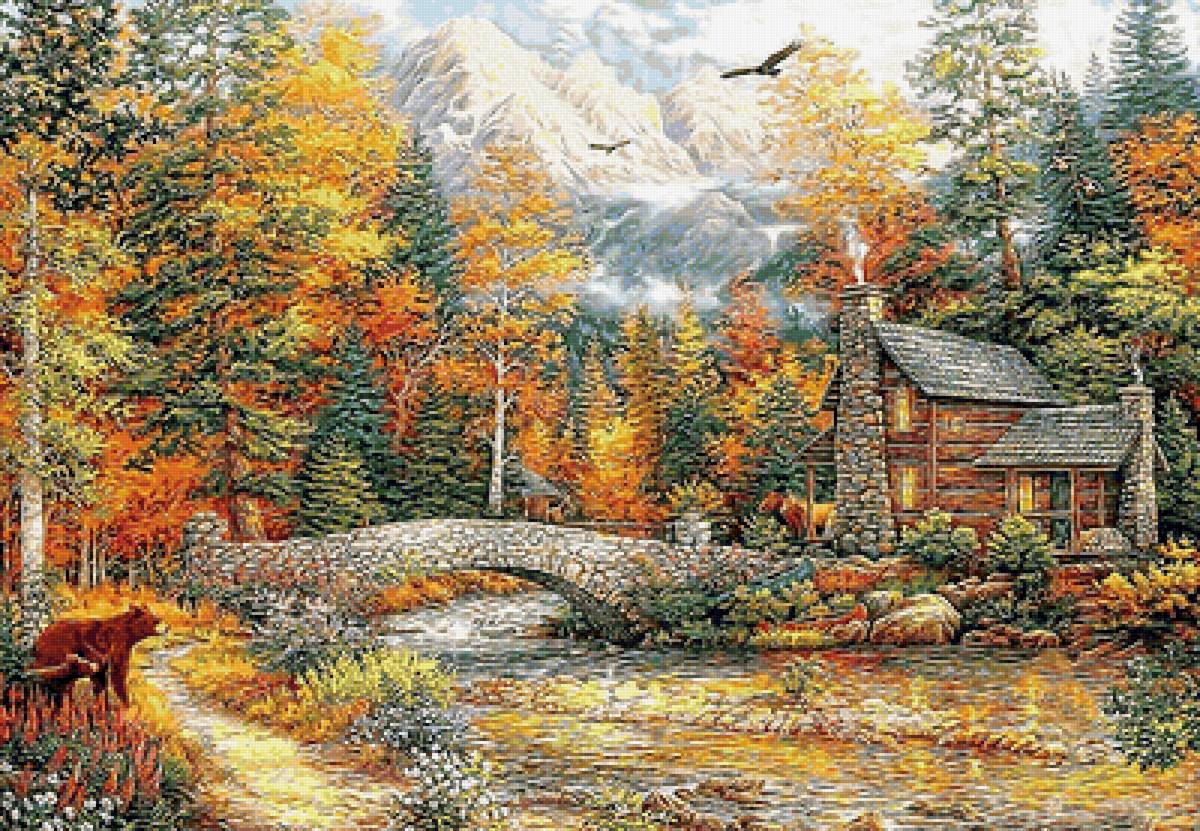 №2067798 - домик, лес, река, осень, пейзаж, тропинка, горы, мост - предпросмотр