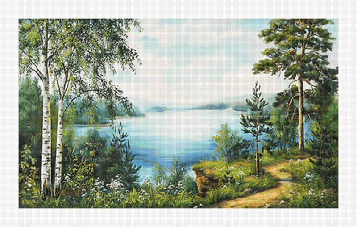 Пейзаж. - озеро, березы, река, пейзаж, лето, живопись - предпросмотр