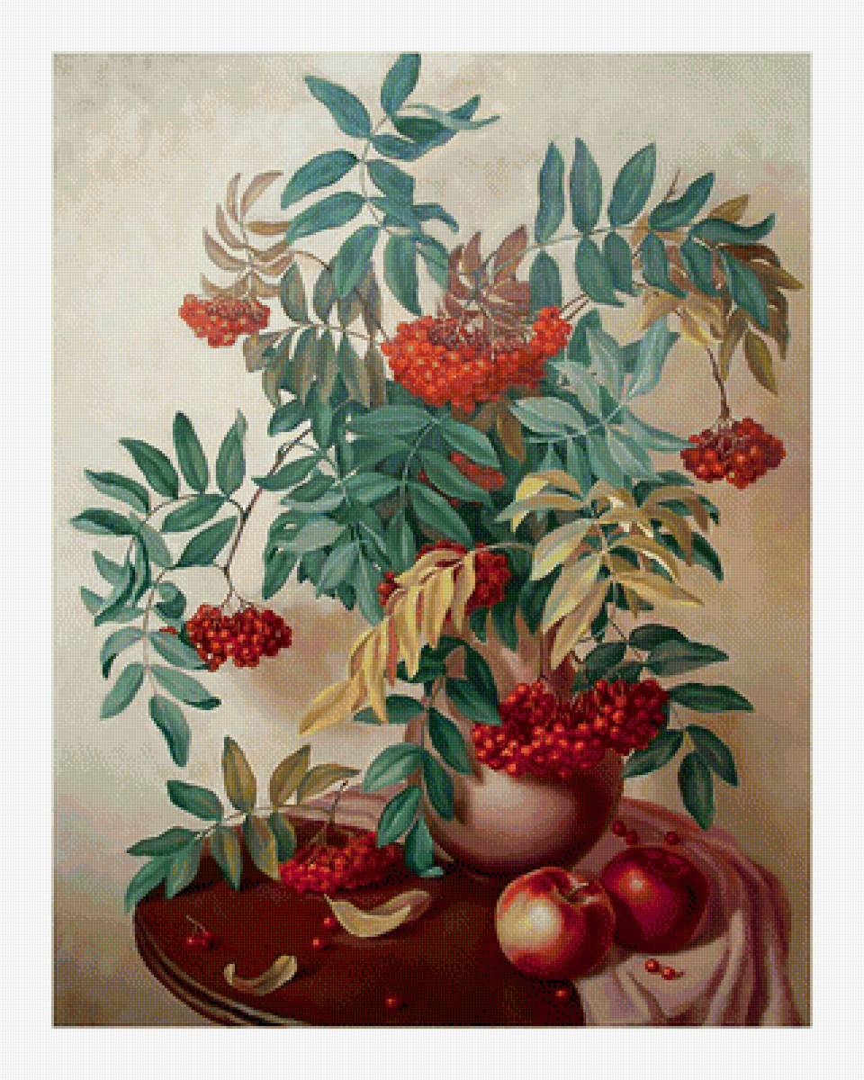 натюрморт с рябиной - яблоки, картина, рябина, натюрморт - предпросмотр