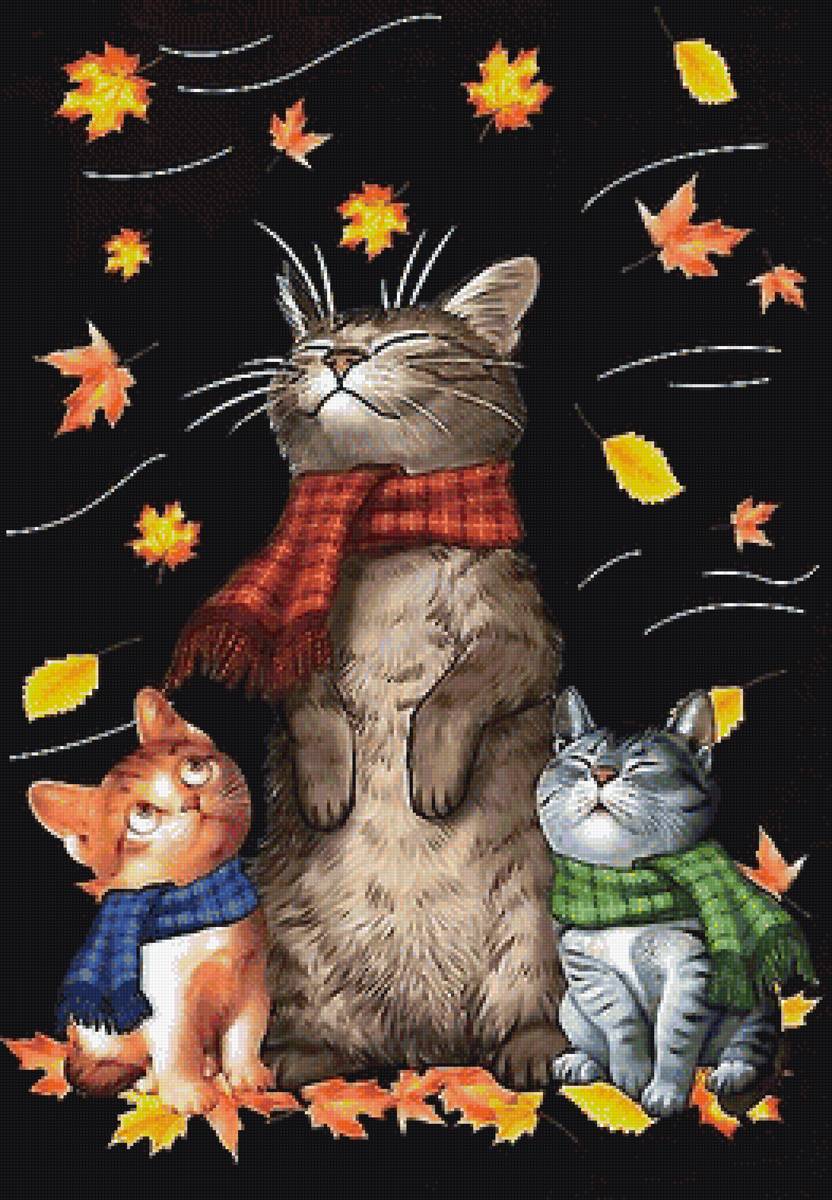 Кот с котятами - осень, шарфы, котята, листья, кот - предпросмотр