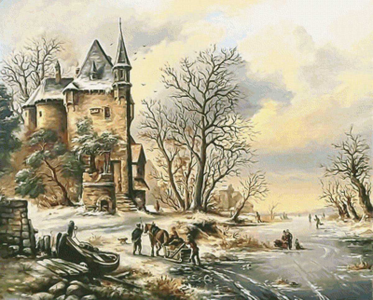 Голландский пейзаж - люди, деревья, домик, зима, река, лодка, голландский пейзаж - предпросмотр