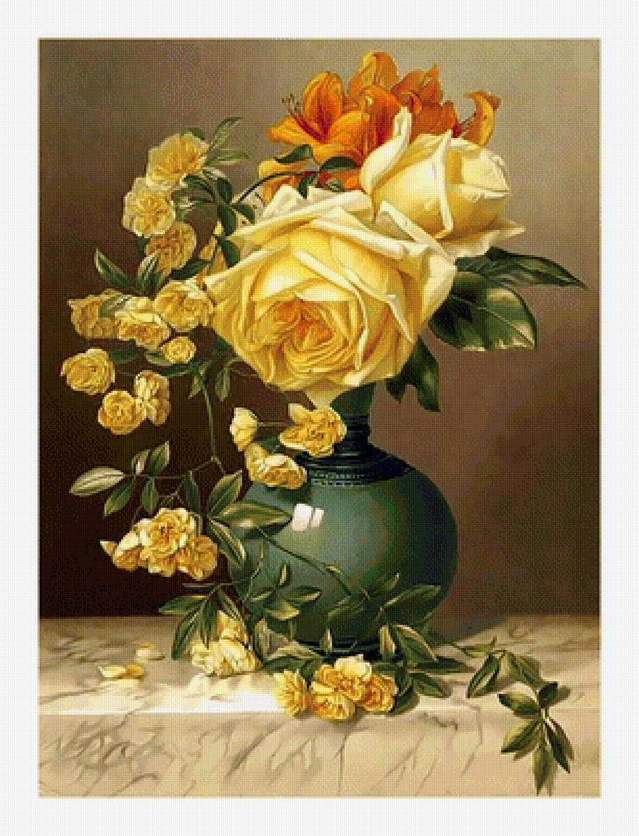 Букет. - ваза, цветы, живопись, розы, букет - предпросмотр