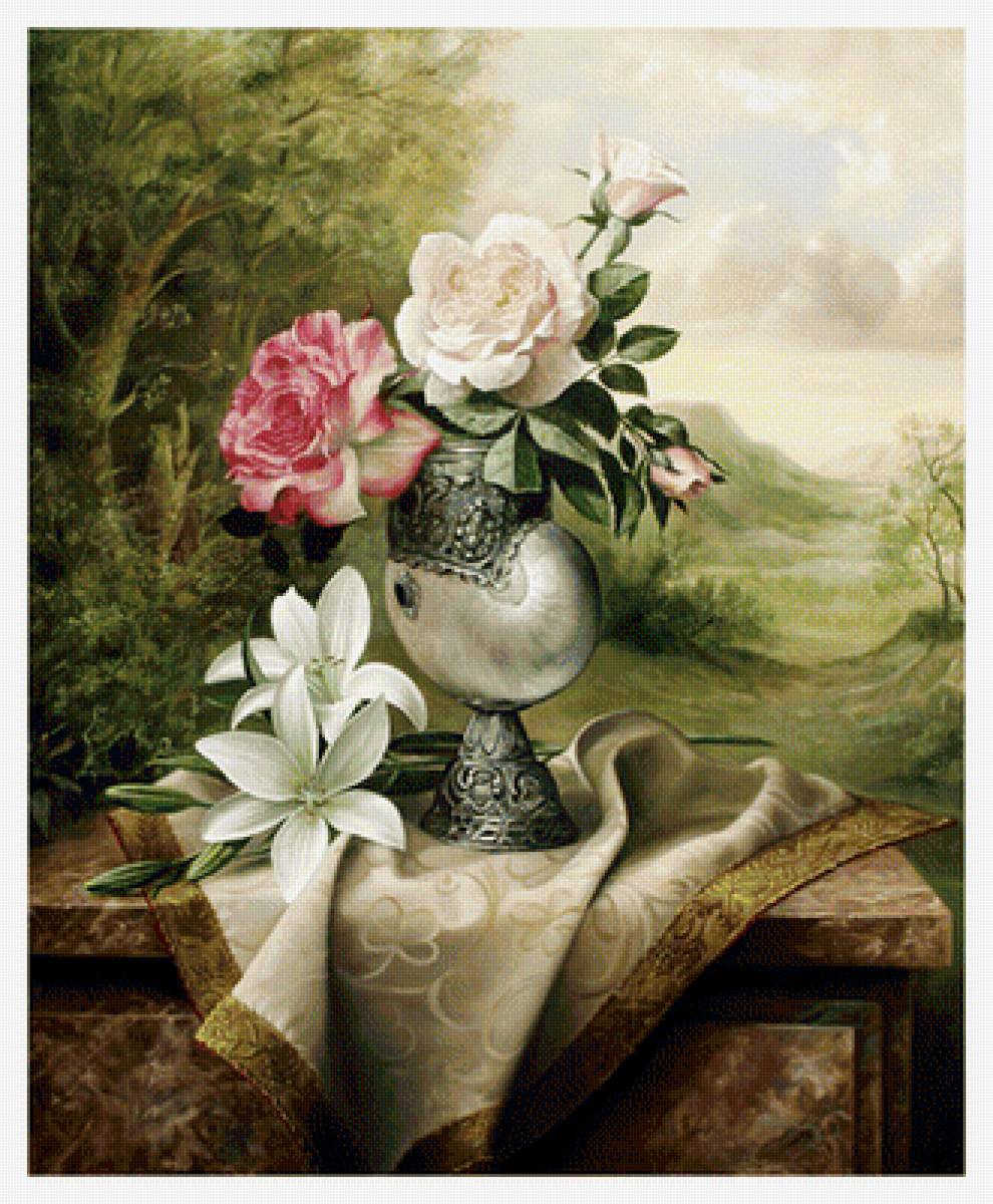 Цветочный натюрморт. - букет, живопись, цветы, пейзаж, лилии - предпросмотр