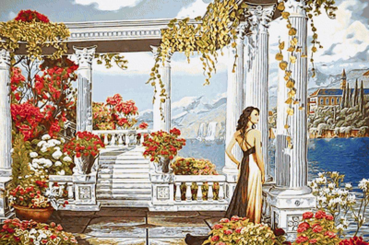 №2071463 - море, цветы, девушка, колонны, ступеньки - предпросмотр