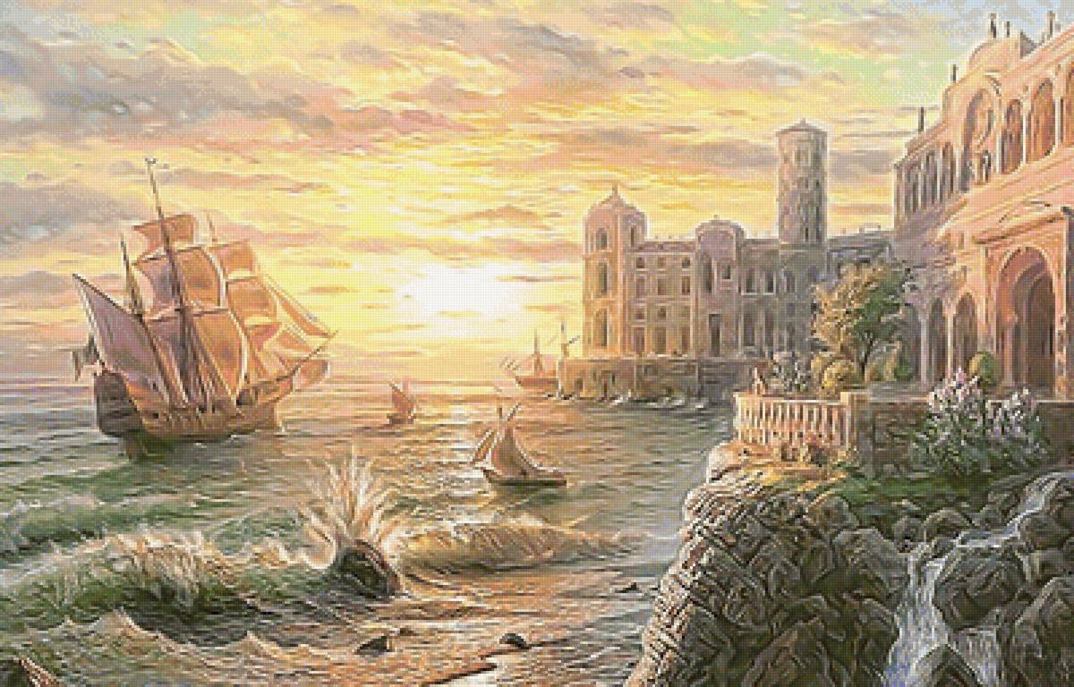 №2076939 - закат, волны, корабль, море, парусник - предпросмотр