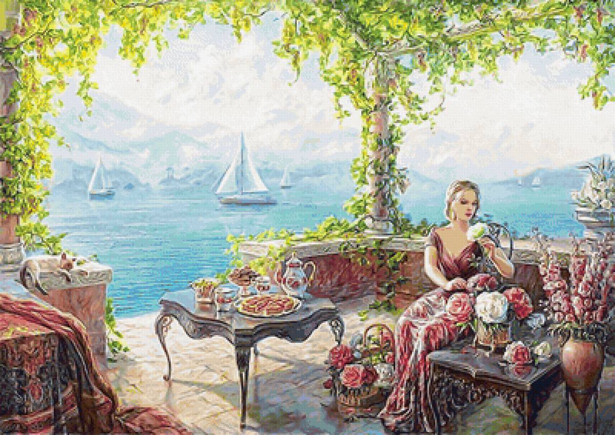 У моря - девушка, парусник, цветы, море - предпросмотр