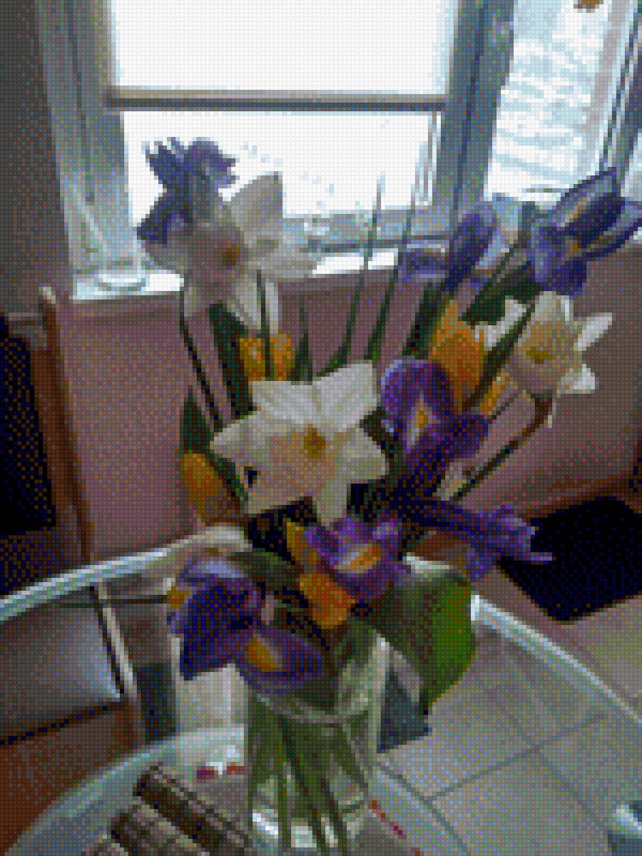 Букет у окна - весна, букет, цветы, ирисы - предпросмотр