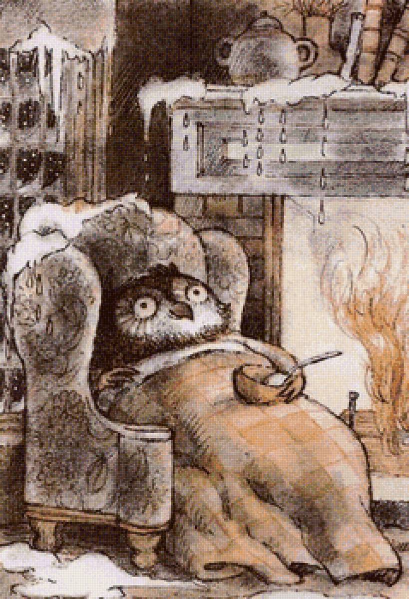 Филин дома - птица, зима, рисунок, камин, филин - предпросмотр