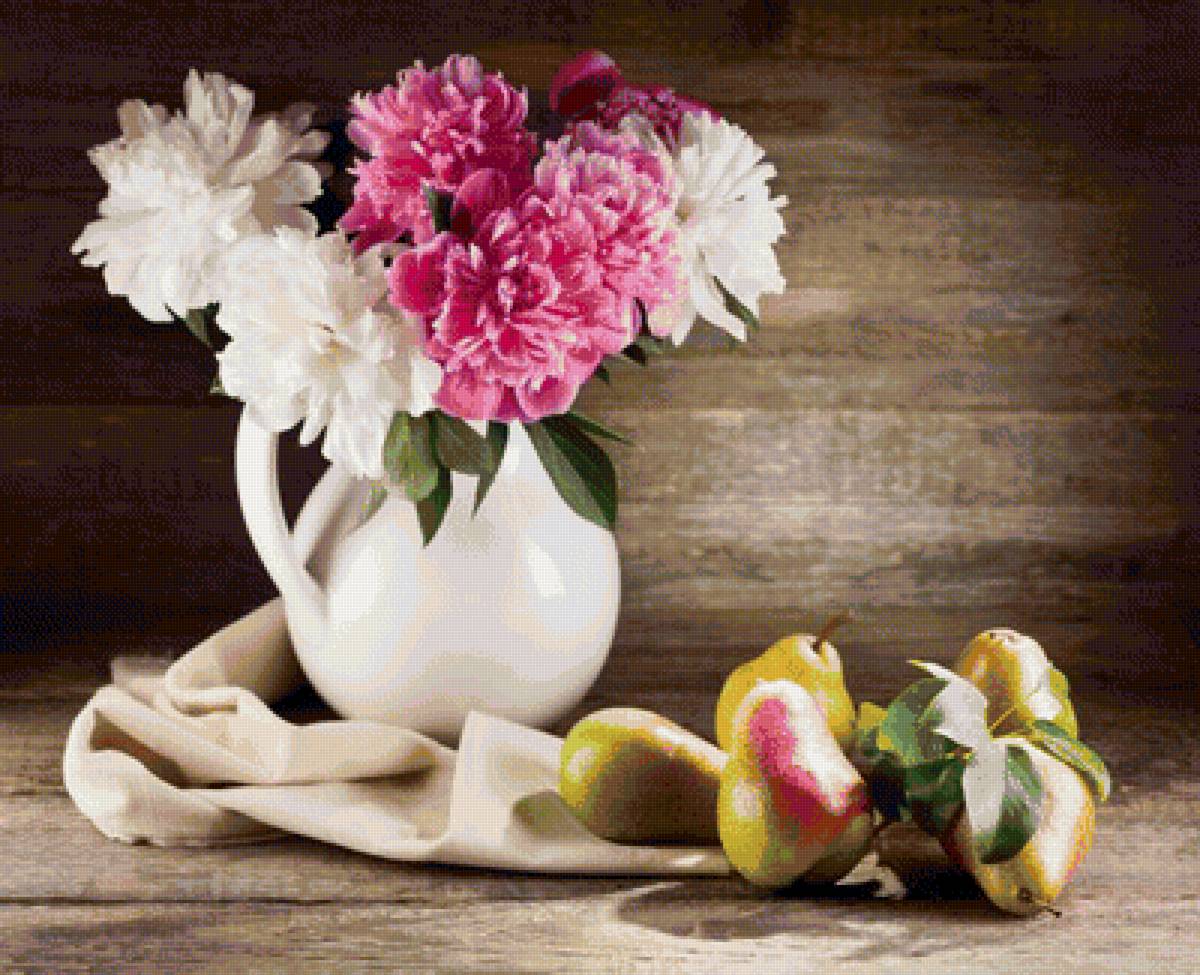 натюрморт - цветы, пион, груши, кувшын - предпросмотр