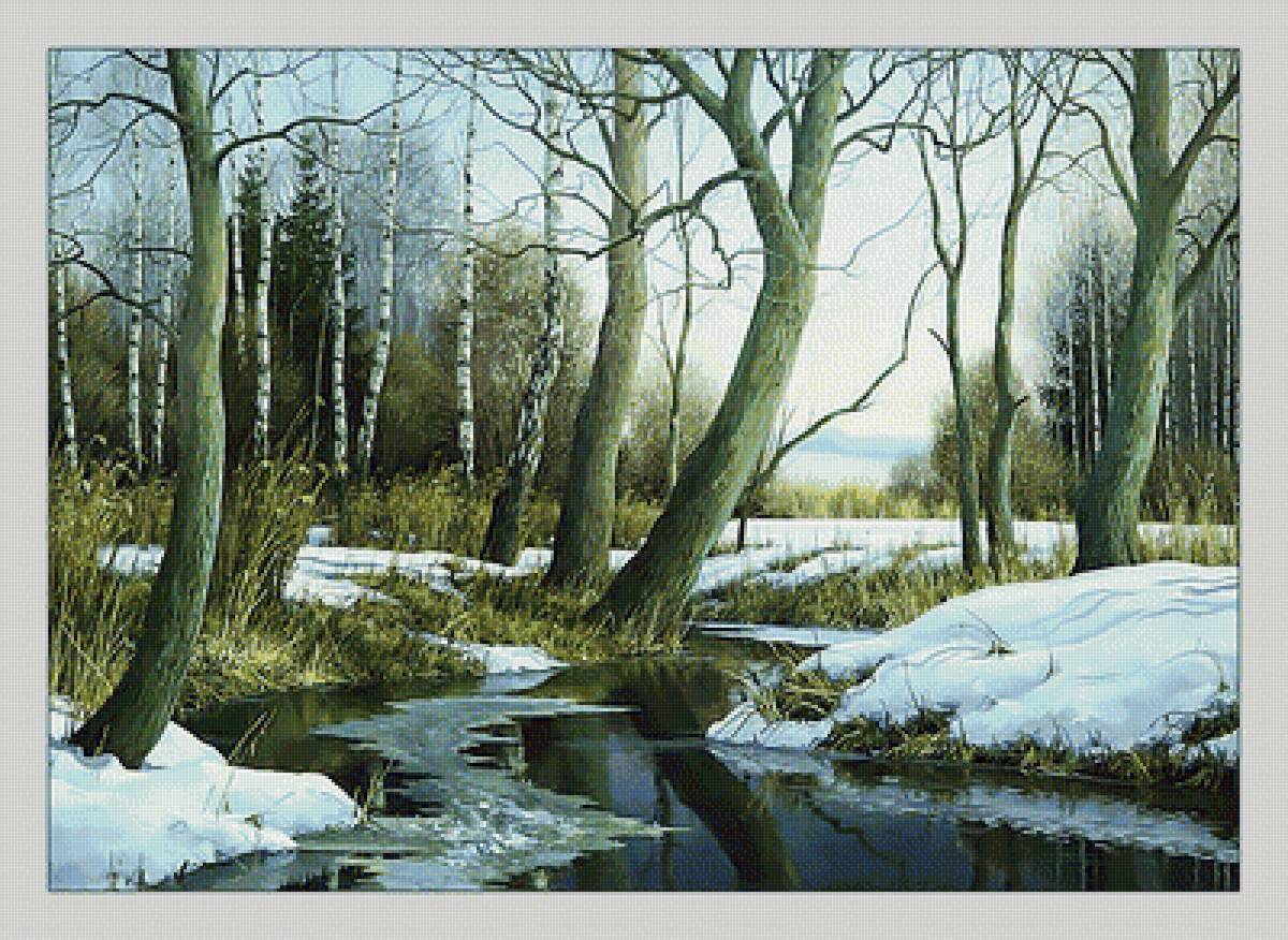 Ранняя весна. - пейзаж, живопись, оттепель, природа, весна, река, лес, снег - предпросмотр