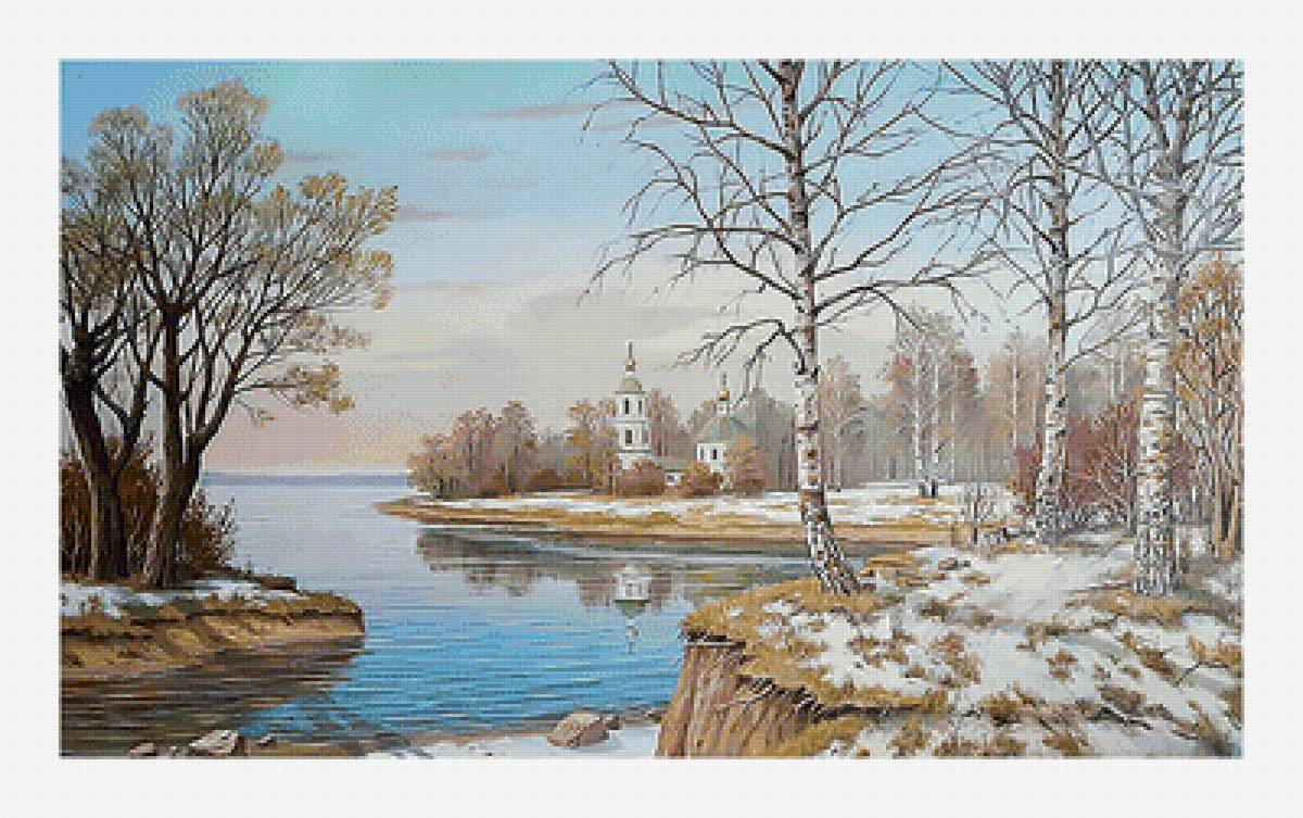 Весенний пейзаж. - весна, живопись, природа, озеро, снег, храм - предпросмотр