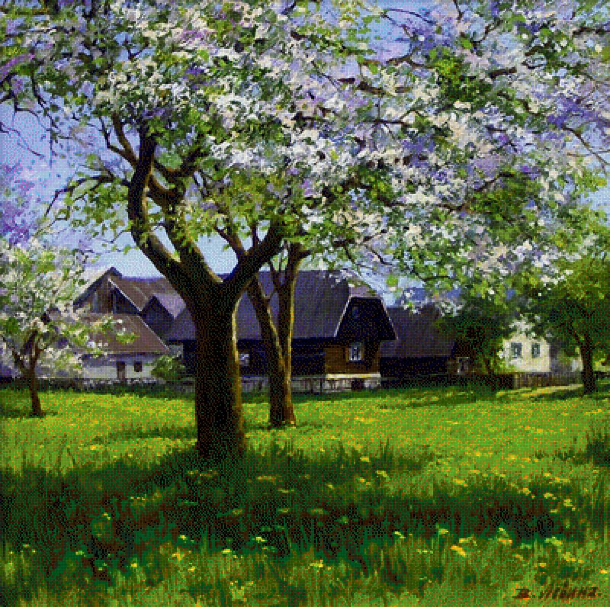 Картина Виктории Левиной - умиротворение, деревня, природа, весна, спокойствие - предпросмотр