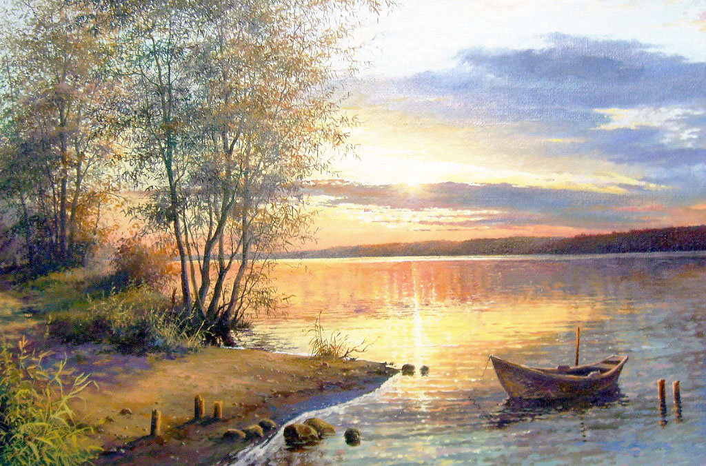 Худ. Булыгин И - пейзаж, река, закат, лето, лодка - оригинал