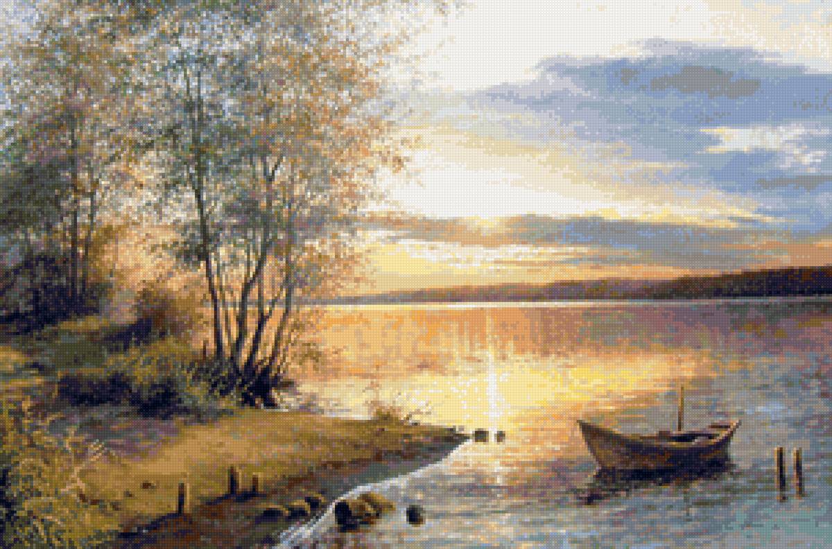Худ. Булыгин И - лодка, лето, закат, пейзаж, река - предпросмотр