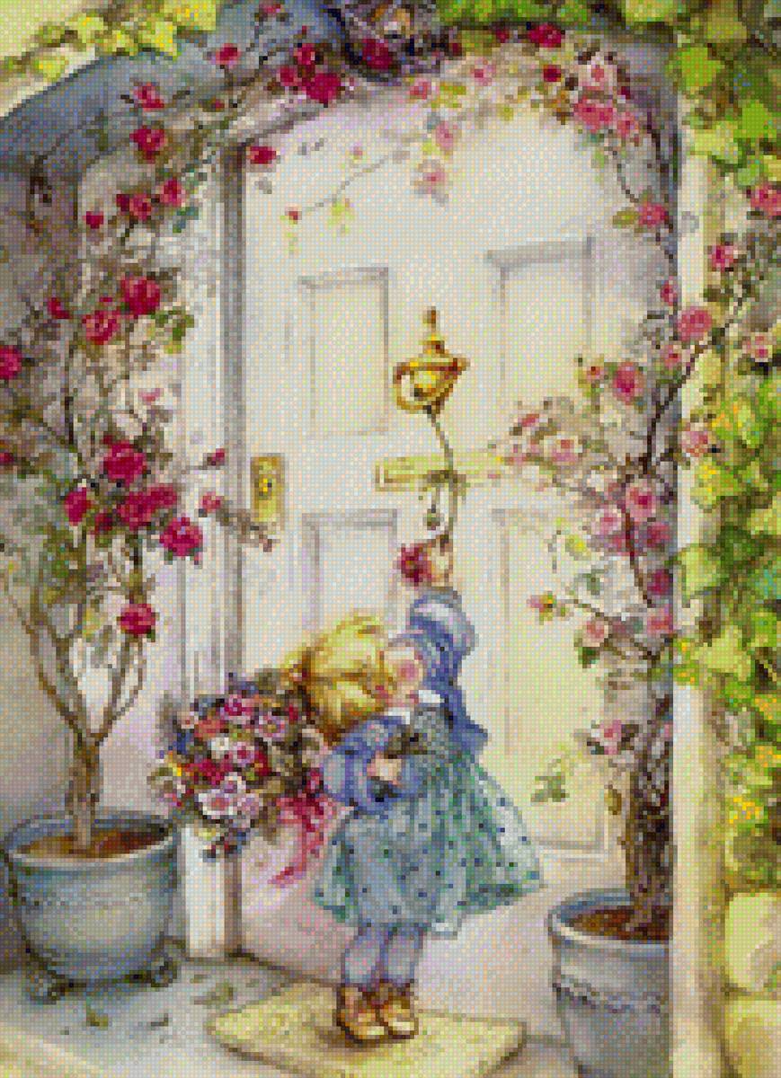 Девочка с букетом - девочка, дверь, цвет - предпросмотр