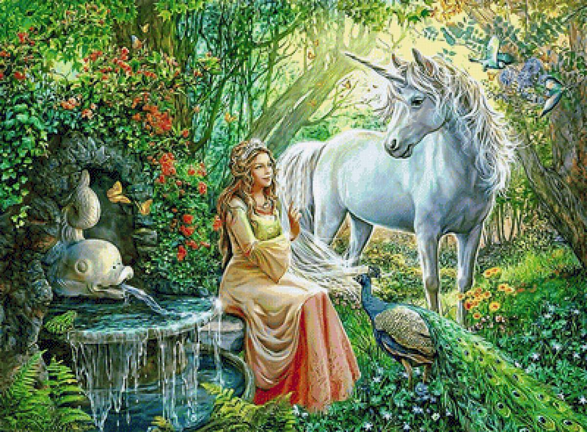 Сказочный сад - единорог, сад, девушка, павлин - предпросмотр