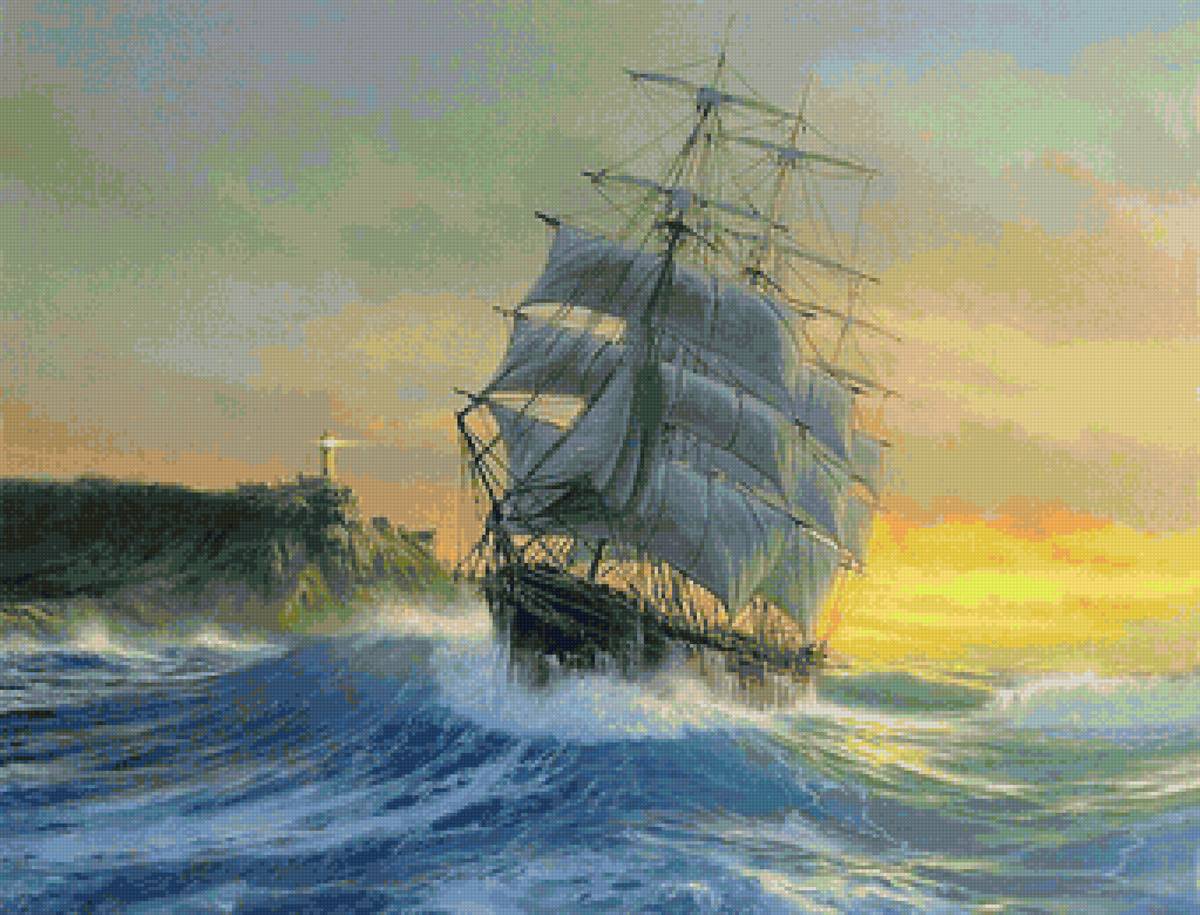 Худ. Марек Рузик - маяк, морской пейзаж, парусник - предпросмотр