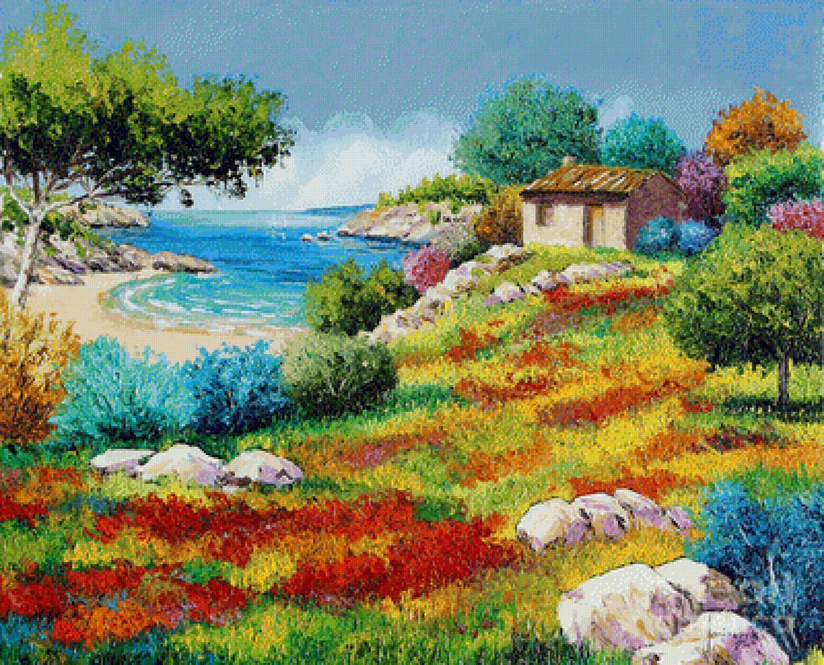 Домик у моря - пейзаж, живопись, домик, море - предпросмотр