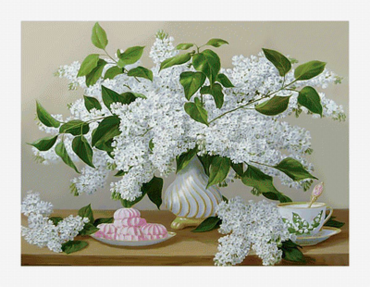 Белая сирень. - живопись, зефир, натюрморт, чашка, цветы, сирень, букет - предпросмотр