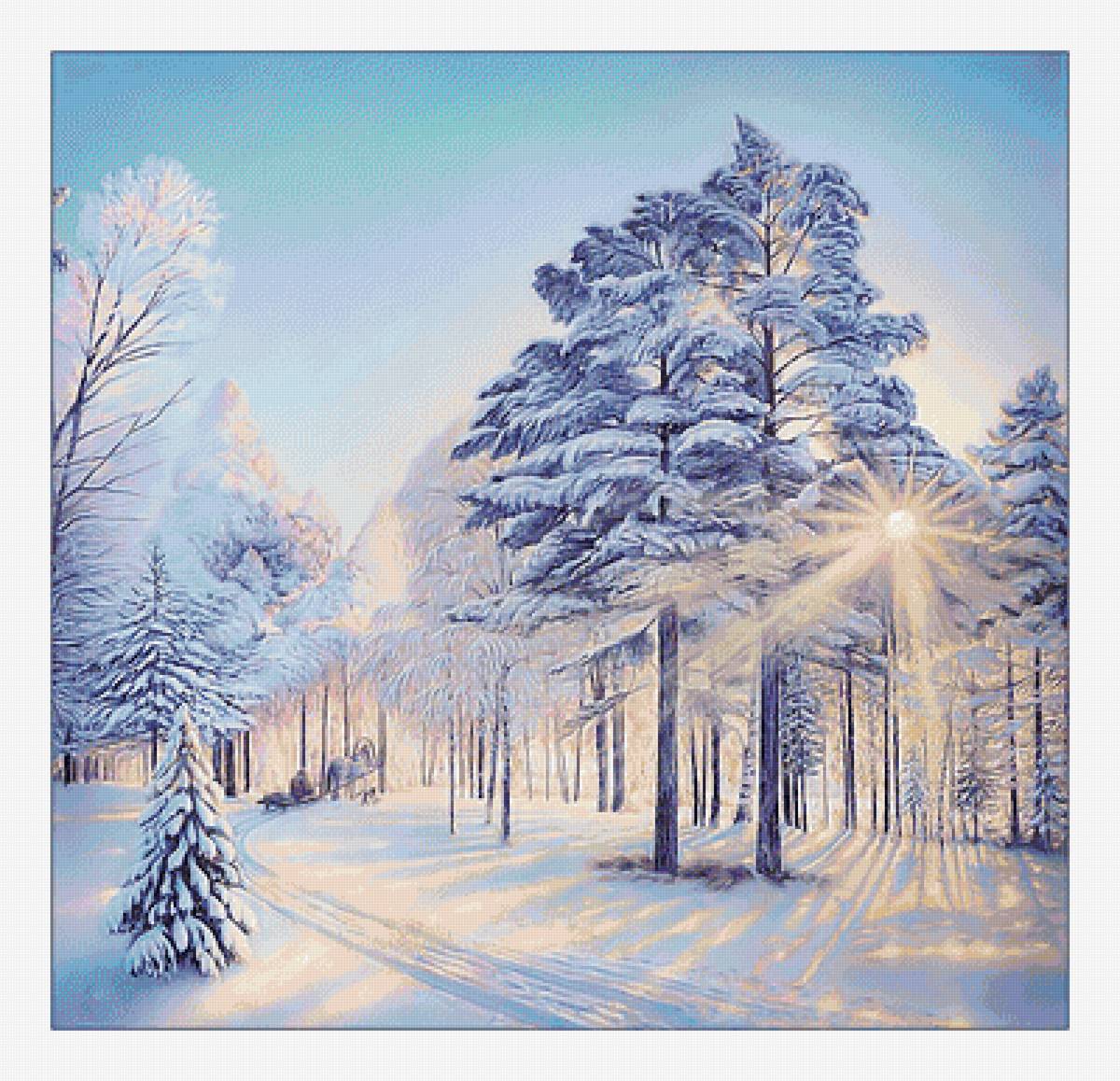 Зимний пейзаж. - лес, пейзаж, зима, живопись, сосны, снег, закат - предпросмотр