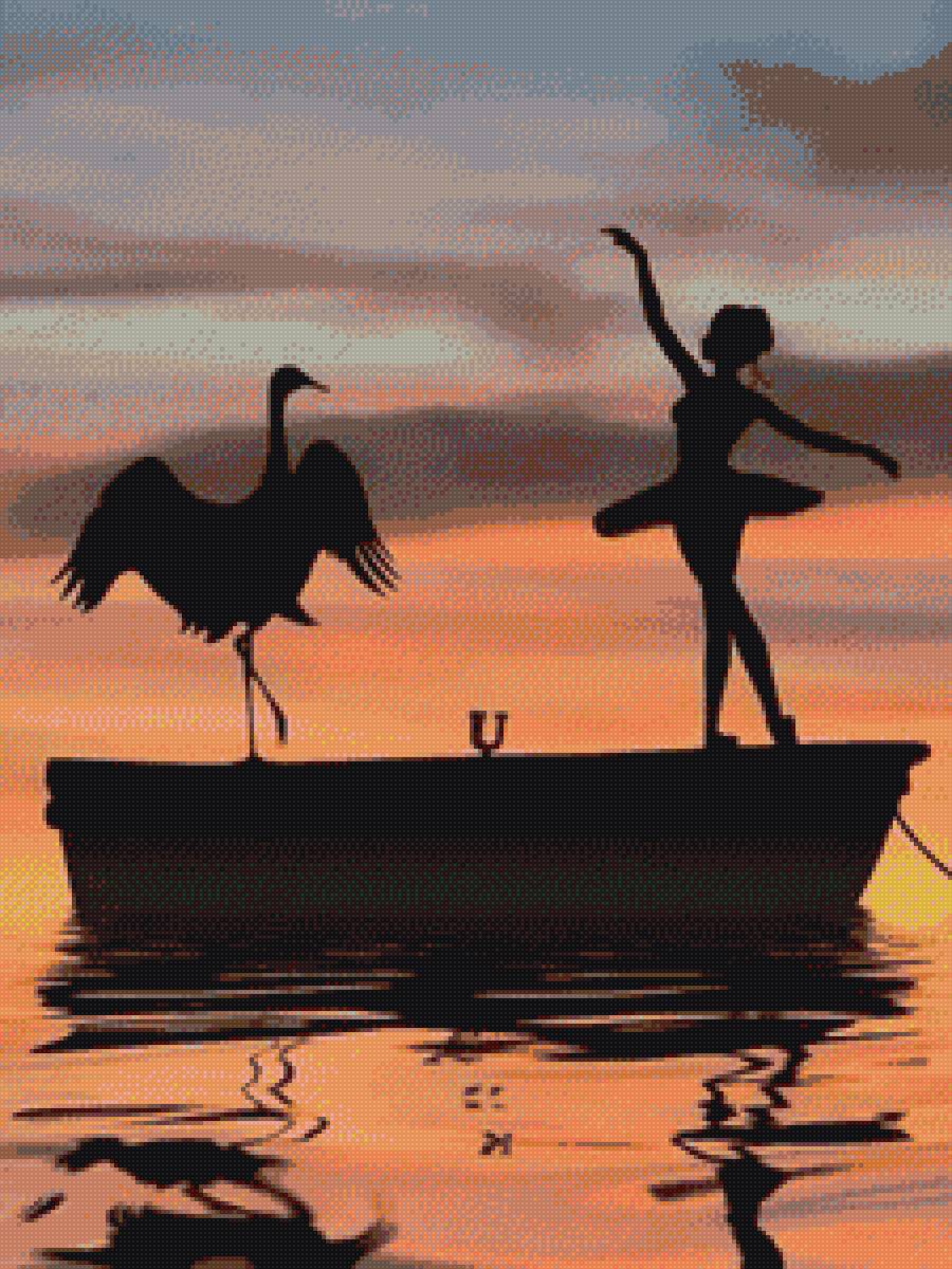 балет в лодке - птица, лодка, силуэт, танец - предпросмотр